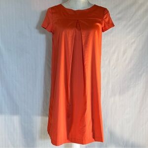 BCBA Paris Dress Coral Orange Cotton Inverted Front Back Pleats Short Sleeves  2